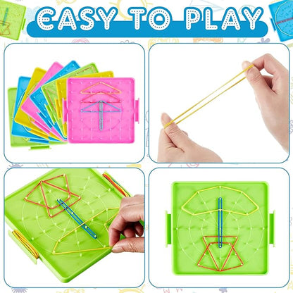 Deekin 24 Pcs Double Sided Geoboard Mathematical Kids Geoboards with Rubber Bands Math Manipulatives Toy for Geometry, 6.9 x 6.3 Inches Classroom Back to School