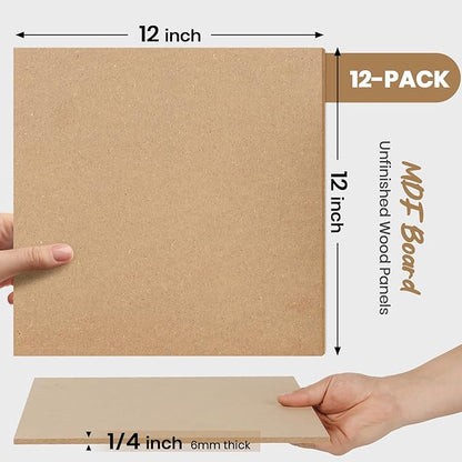 CALPALMY 12-Pack MDF Board 1/4 Inch Thick 12" x 12" Unfinished Wood Panels, 6mm Thick Medium Density Fiberboard Wood Boards for Crafts, Painting, Carpentry, Engraving, Interior Design, and More