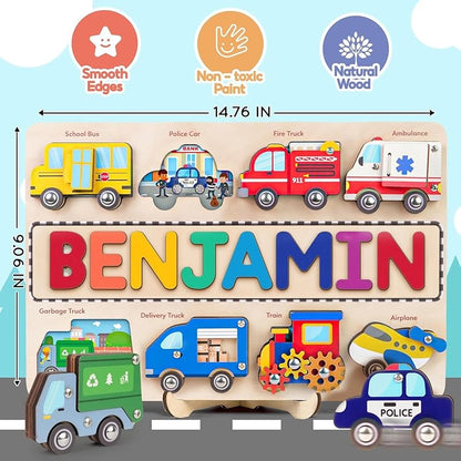 Personalized Wooden Name Puzzle for Toddlers 1-5 - Montessori Wooden Vehicle Sensory Toy, Custom Educational Gift for 2 Year Old, Cars & Trucks Toy for Toddlers, Ideal for Birthdays