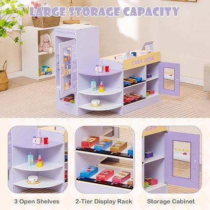 HONEY JOY Kids Grocery Store Playset, Wooden Supermarket Playset w/Cash Register & Vending Machine Toy, Blackboard, Checkout Counter Stand, Grocery Store Pretend Play for Toddler Boys Girls (Purple)