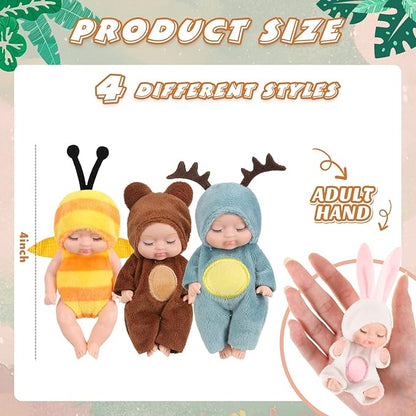 Hanaive 4 Pcs 4 Inch Mini Baby Dolls Lifelike Realistic Baby Dolls Animal Clothes Cute Tiny Gifts for Kids Birthday Party(Cute Style)