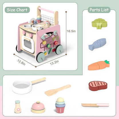 Wooden Baby Walker 4-in-1 with Push Walker Toys, Play Kitchen Accessories, Toddlers Montessori Sensory Toys, Walking Toys for Baby Girls Boys Learning to Walk