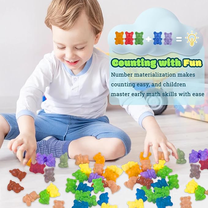 XINHUIDALSQ Rainbow Counting Bears Set of 100, 10 Colors Sorting Teddy Plastic Bears Math Manipulatives for Toddlers, 1 Inch Bear Conters Ages 3+ Kids
