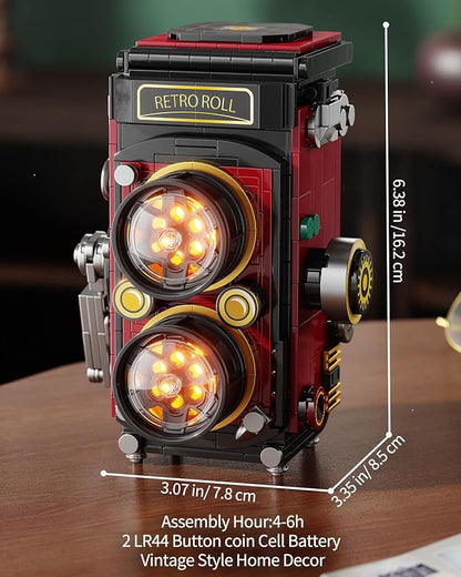 Retro Camera Building Blocks Sets with Lights, DIY Camera Building Toys with Twin-Lens Reflex Design, Unique Collectible Model for Home Decor, Birthday Gift for Adults Boys Age 8-12(719Pcs)