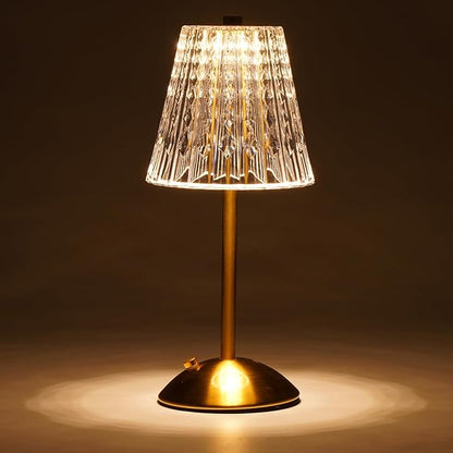 Cordless Touch Table Lamp, 3500mAh LED Rechargeable Small Dask Lamp, 3 Colors Dimmable Battery Operated Crysta Lamp for Bedroom Restaurant Kitchen Home Decor, Gold