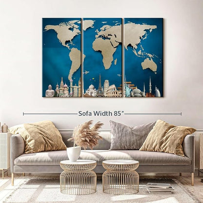ElephantStock Ocean Blue World Map Multi Piece Canvas - 3 Panel Wall Decor - Map of the World Art - Canvas for the Office and Home - 65" X 42"