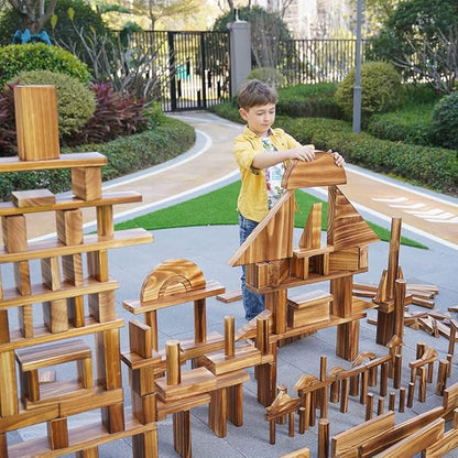 Large Vintage Solid Carbonized Wooden Building Blocks Set for Kids 3-12 Outdoor(57pcs,10.7 lbs), Big Sensory Wood Building Toys for Toddlers, Outside Wooden Blocks for Preschool
