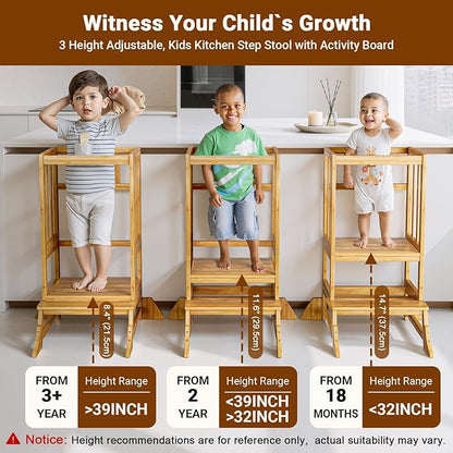 COSYLAND Toddler Step Stool Height Adjustable – Portable Kids Kitchen Stool Helper with Stabilizing Base Block – Toddler Standing Tower for Bathroom Kitchen Living Room Dining Room (Natural)