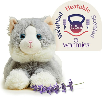 warmies Microwavable & Weighted Stuffed Animals, Laying Down Gray Cat - Heated Stuffed Animal Plushie for Warmth & Comfort - Cute Soft Plush Toys for Boys, Girls, Babies & Toddlers