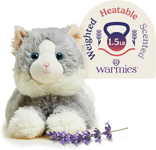 warmies Microwavable & Weighted Stuffed Animals, Laying Down Gray Cat - Heated Stuffed Animal Plushie for Warmth & Comfort - Cute Soft Plush Toys for Boys, Girls, Babies & Toddlers