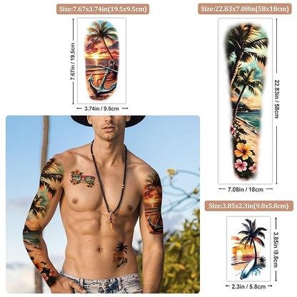 48 Sheets Full Arm Temporary Tattoos for Adults - Waterproof Tropical Summer Beach Party Fake Tattoo Stickers - Hawaiian Floral Palm Sunset Designs for Women Men