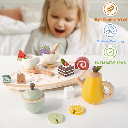 PairPear Wooden Tea Party Set for Little Girls 20pcs Pretend Play Fruit Tea Set with Pear Teapot, Dessert & Citrus Slices, Kids Kitchen Accessories Wooden Toys Food for Toddlers & Kids 3+