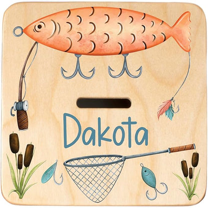 Wooden Piggy Bank for Kids and Adults, Personalized Gift Handmade in USA by BloomOwl, Custom Piggy Bank, Personalized Banks for Kids, Gifts for Baby Boys and Girls (Fishing)