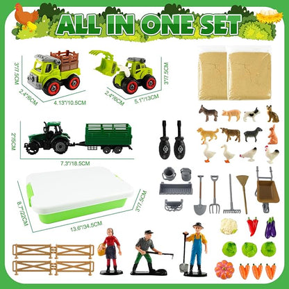 MYDOVA Farm Sensory Bin Sandbox Toys, Play Sand Farm Toys with 2.2lbs Play Sand, Farm Figures and Animals, Vegetables & Tractor Playset, Birthday Gift for Kids 3 4 5 6 7 8+ Years Old Boys Girls
