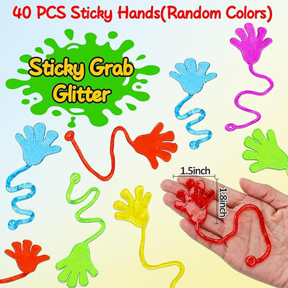 40PCS Glitter Sticky Hand Party Favors for Kids Birthday Supplies Halloween Goodie Bag Stuffers Classroom Treasure Box Carnival Prizes Bulk Treat Trinkets Pinata Fillers Mini Stuff Stretchy Toys