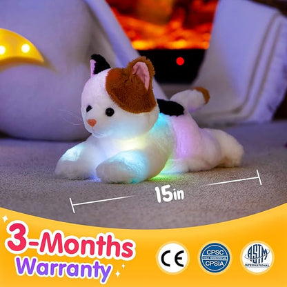 Glow Guards Light up Calico Cat Stuffed Animal LED Soft Kitty Plush Toy Pillow with Night Lights Lullaby Birthday Children's Day Gifts for Toddler Kids, 15''
