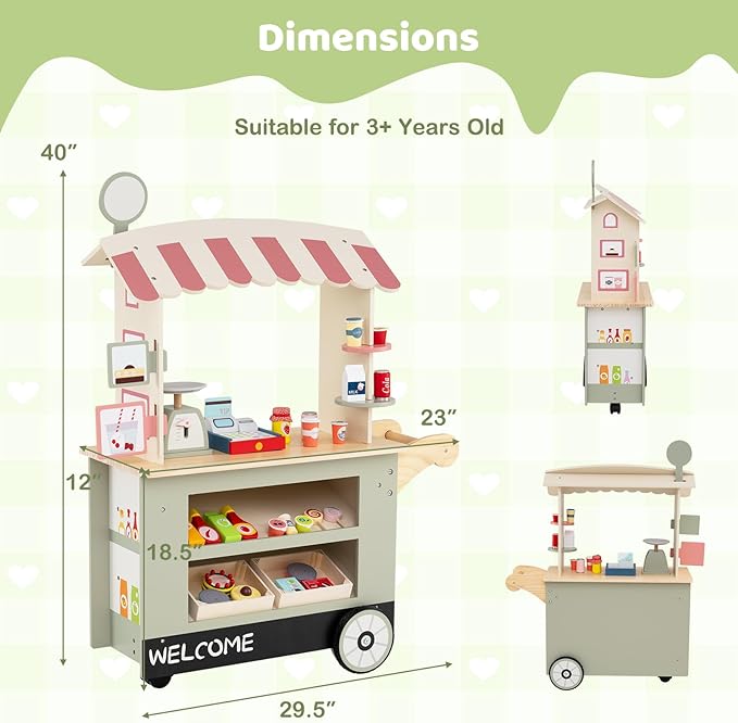 HONEY JOY Kids Food Cart, 30-Piece Toddler Pretend Play Grocery Store Playset w/Cash Register & Scale, Wooden Dessert Shop Play Market, Children Beverage Stand Cart w/Wheels, Gift for Boys Girls