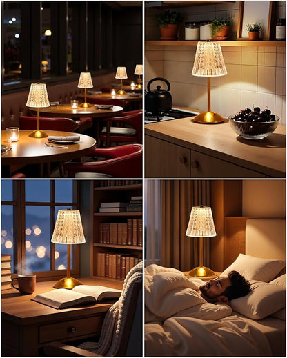 Cordless Touch Table Lamp, 3500mAh LED Rechargeable Small Dask Lamp, 3 Colors Dimmable Battery Operated Crysta Lamp for Bedroom Restaurant Kitchen Home Decor, Gold, 2pcs