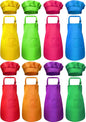 SATINIOR 8 Set Kids Apron and Chef Hat Set Kids Apron with 2 Pockets Adjustable for Boys Girl's Cooking Baking Painting