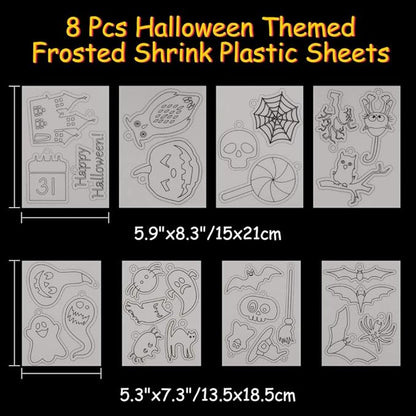 Auihiay 145 Pieces Halloween Heat Shrink Plastic Sheet Kit Include 8 Shrink Paper with Halloween Patterns, 4 Blank Shrink Film Papers, Hole Punch, Keychains, Pencils for Kids DIY Creative Craft