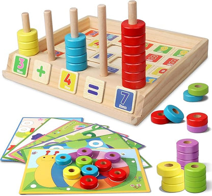 Lydaz Toddler Montessori Math Toys, Wooden Math Manipulatives with Counting Number Blocks, Preschool Kindergarten Learning Activities, Educational Math Toy for Kids 2-5, Sorting Stacking Puzzle Toy