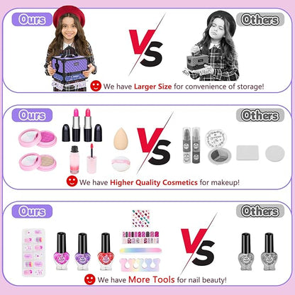 Hollyhi 59Pcs Kids Makeup Kit for Girl, Washable Play Makeup Toys Set for Dress Up, Beauty Vanity Set with Cosmetic Case Birthday Toys for Girls 3 4 5 6 7 8 9 10 11 12 Year Old Kids Toddlers (Purple)
