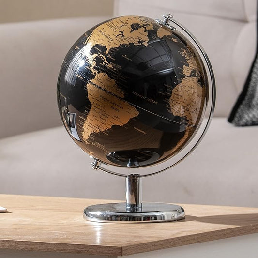Goplus 8-Inch Metallic Black World Globe, Rotating Earth Globe w/Metal Stand, Modern Desktop Decoration for Home, Office (Black + Gold)