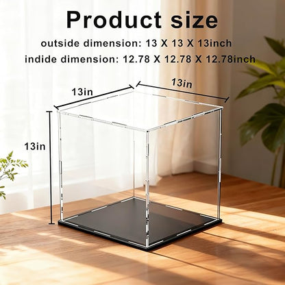 Large Acrylic Display Case for Figures, Clear Acrylic Box with Black Base for showcaseing Miniature, Toys, Collectables and Dolls 13 (L) × 13 (W) × 13 (H) inch