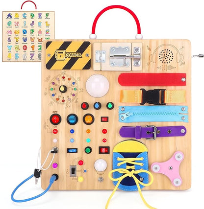 Busy Board,Montessori Toys for 1-3 Years Old, Wooden Toddler Toys, Autism Sensory Travel Toy, Ideal Gift for 1+ Year Old Boys (Busy Board Plus v3)