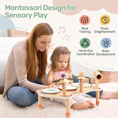 WINGYZ Baby Drum Set – 7-in-1 Wooden Musical Instruments for Toddlers 1-3, Montessori Kids Music Toys with Cymbal & Tone Block, Morandi Cat Design, Early Learning Gift for Boys Girls