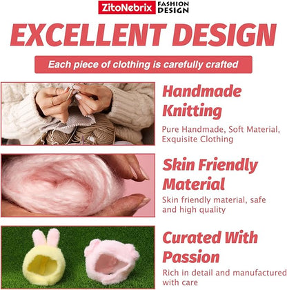 2 Sets of Clothes for Doll, 4 Pcs Accessories for 17cm & 15cm Outfits (No Doll), Double Joy Twin Pack - Small Pink Pig Head Cover + Pink bib, + Milk Powder Rabbit Head Cover + Yellow bib