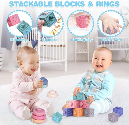Baby Toys 6-12 Months, Montessori Toys,Baby Teething Toys, Sensory Bin Toy, Stacking Building Blocks & Rings Infants,Sorting Sensory Learning Gift for Toddlers for Toddlers 0-3-6-9-12 Month, 5 in 1