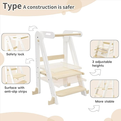 Kids Kitchen Step Stool, Foldable Toddler Tower, Height Adjustable Toddler Standing Tower with Safty Rail and Anti-Slip Device, Wooden Stool for 1.5-6 Years(White-Wood)