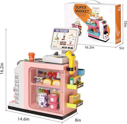 48-Piece Pretend Play Cash Register Toy Set for Kids with Water Outlet Function - Calculator, Shopping Bag, Scanners, Coffee Machine, Play Food - Gift for Boys and Girls Ages 3+（Pink）