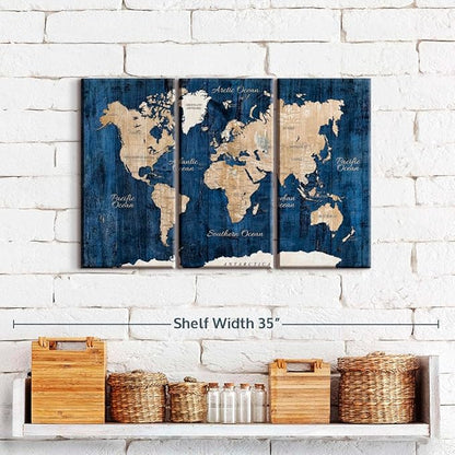 ElephantStock Aged Blue World Map II Canvas - 3 Panel Wall Decor - World Map Digital Art - Blue Wall Art - 23" X 14"