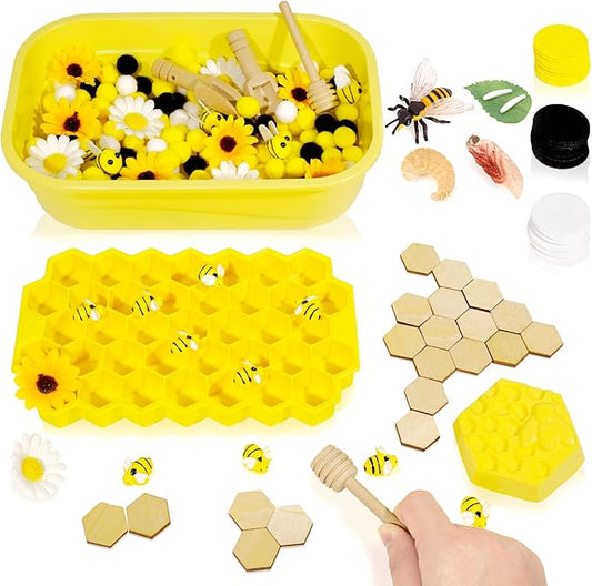 Hiawbon Bee Sensory Bin Tools, Wooden Sensory Tool Sets, Bee Growth Cycle, Honeycomb Model, Bee Themed Pom Pom Bee Sunflower Wooden Chip Scoops for Counting Sorting Hammering Pounding