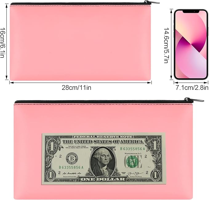 4Pack Money Bag 11 X 6" - Safe Durable Waterproof PU Leather Bank Pouch With Zipper for Cash, Coins, Checks, Makeup, Bills, Receipts, Tool Storage (Pink)