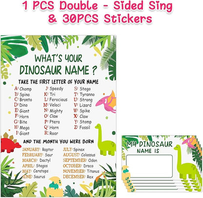What is Your Dinosaur Name Game, Game Sign and 30 Cards, Dinosaur Birthday Party Sign for Boys and Girls, Holiday Activity, Kids Dinosaur Activity Cards, Dinosaur Activity Decoration Supplies