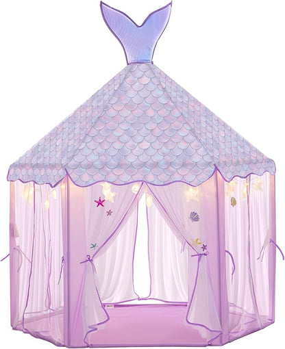 Princess Tent for Girls with Lights, Large Pretend Play Tent Castle w/Carry Bag & Stickers & Detachable Fishtail Top Indoor Outdoor, 67”x55” Ocean-Theme Kids Playhouse Gift for Toddler Age 3+