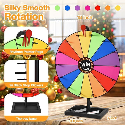18-inch Tabletop Prize Wheel, Prize Wheel Spinner with Stand & Storage Base, Featuring a Prize Wheel with 14 Customizable Color Sections. Suitable for Party Games, Family Games (with line)