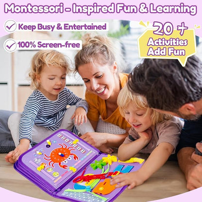 Qizfun Montessori Busy Board Book for Toddlers, Mermaid Sensory Learning Toy for Girls, Educational Fine Motor Skills Toy, Travel Busy Board for Car & Airplane
