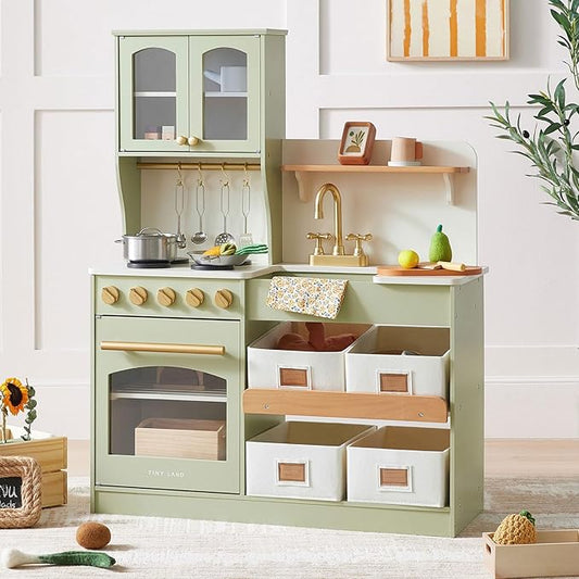 Tiny Land Play Kitchen for Kids, Wooden Toy Kitchen Set with Storage & Accessories, Toddler Kitchen Playset with Stove & Sink, Kids Kitchen Playset Gift for Ages 3-8