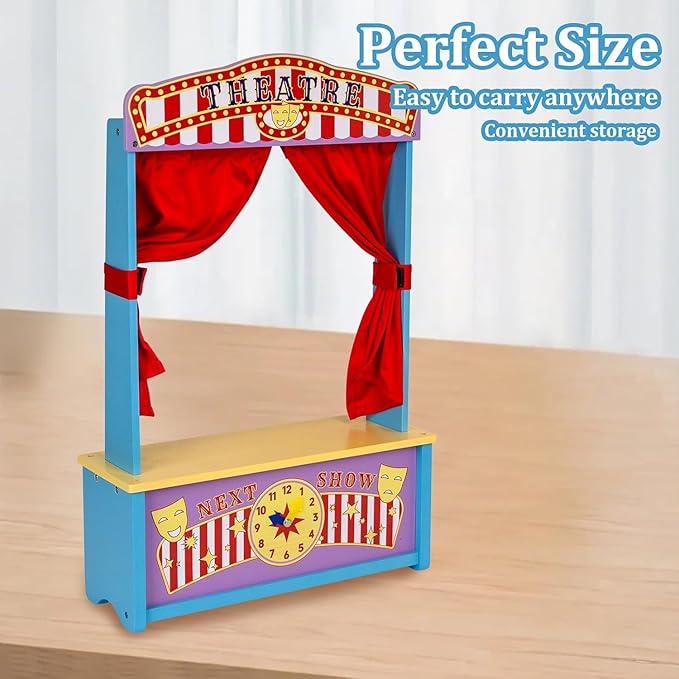 Wooden Puppet Theater, Puppet Theater with Curtains for Tabletop Drama Performance, Role-Playing,Great for Shows, Events, Education and Pretend Play, Portable