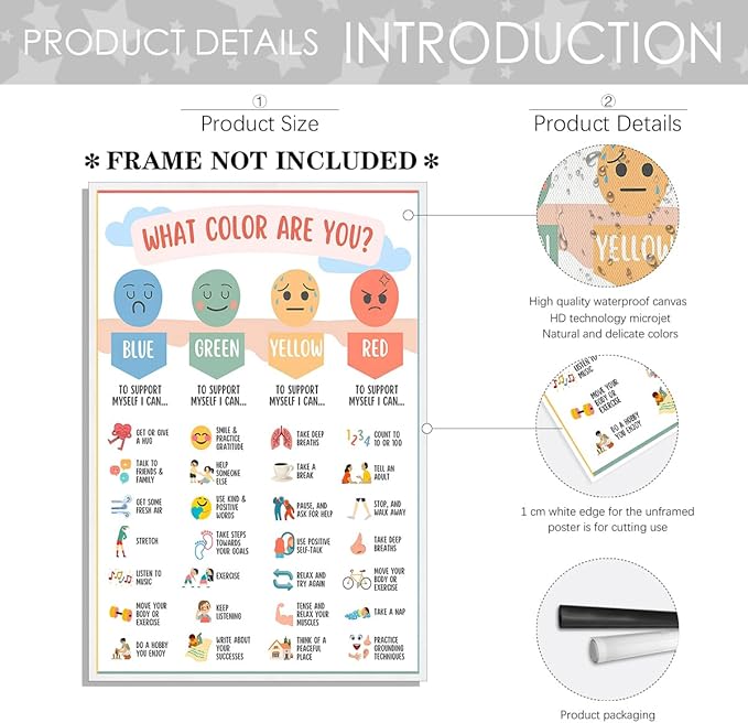 Mental Health Canvas Wall Art Feelings Chart Emotions PosterAwareness Preschool Emotions Faces Calm Prints Calm Down Corner Home for Kids Room Classroom Wall Decor 20x30in Unframed