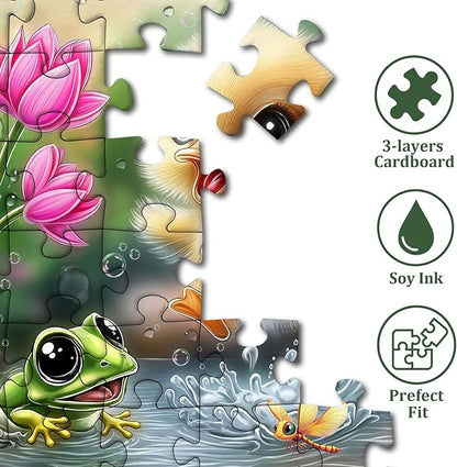 PICKFORU Summer Splash Puzzles for Adults 1000 Pieces, Cute Duck Frog Jigsaw Puzzles Lotus Flower, Challenging Impossible Animal Theme as Wall Decor
