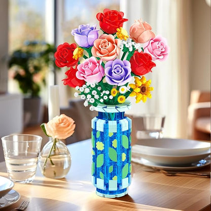 Roses Flowers Building Set with Vase & LED Light, Mother's Day 16 Mini Flowers Bouquet Botanical Building Blocks Toy, Birthday Gifts for Adults, Artificial Flowers for Home Decor & Display