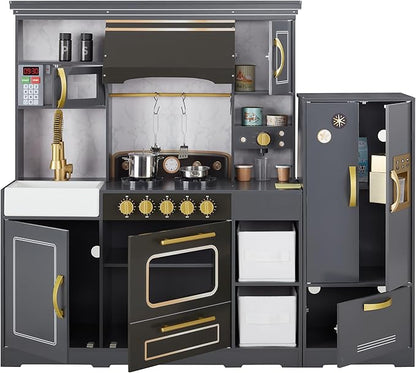Teamson Kids Little Chef Colonie Play Kitchen for Kids, Gray – 2-Piece Pretend Kitchen Set with Ice Dispenser, Coffee Maker, Farmhouse Sink & Storage, Modern Wooden Toy for Toddlers & Girls Boys