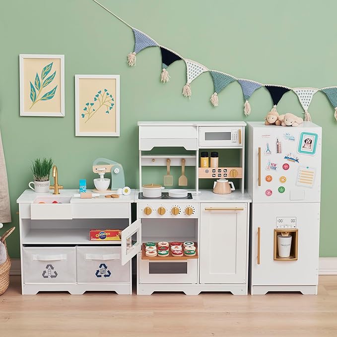 Teamson Kids Little Chef Atlanta Large Modular Wooden Play Kitchen with Interactive, Realistic Features, and 17 Kitchen Accessories, for 3yrs and up, White/Gold