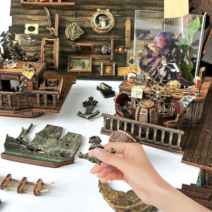 Book nooks DIY Dollhouse kit for Adults Bookshelf Decor with LED Lights 3D Wooden Puzzle Model booknooks Kits Gifts for Family,Friends (New World)