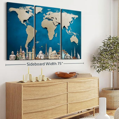 ElephantStock Ocean Blue World Map Multi Piece Canvas - 3 Panel Wall Decor - Map of the World Art - Canvas for the Office and Home - 74" X 48"